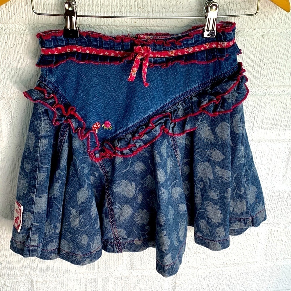 Oilily Denim Ruffle Embroidered Mushroom Bow Floral Skirt sz 8 year Old
